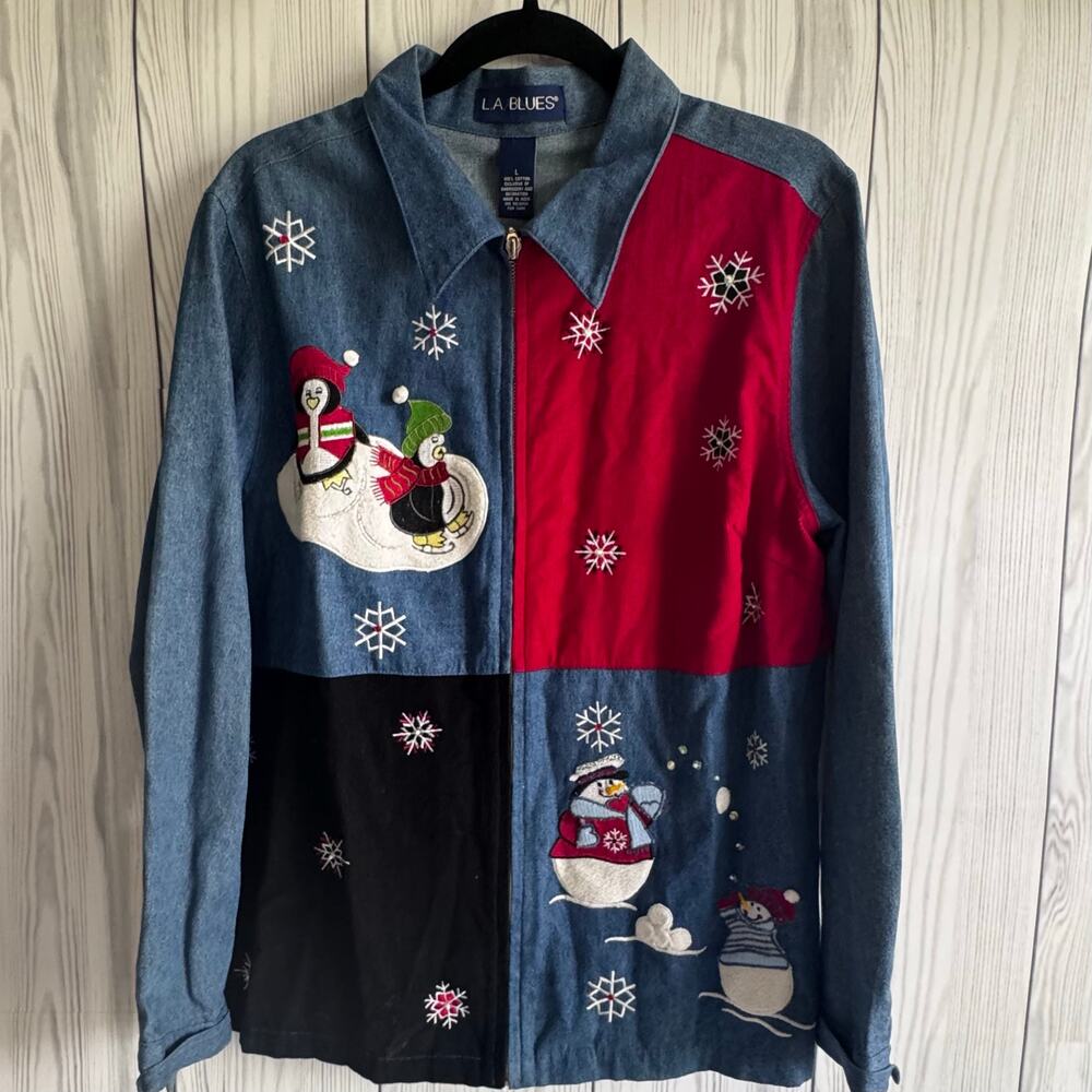 Vintage 90s LA Blues Shirt Women Large Christmas Embroidery Patchwork Granny